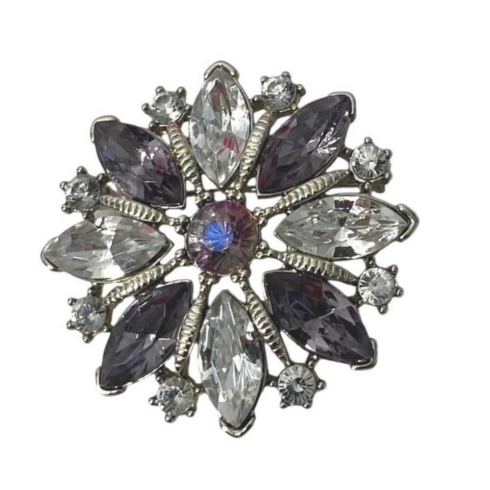 Womens Starburst Brooch Purple Clear Rhinestone Silver Tone Pendant for Necklace